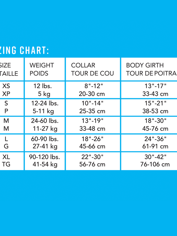 Image of Bluestorm Dog Paddler foam dog life jacket sizing chart